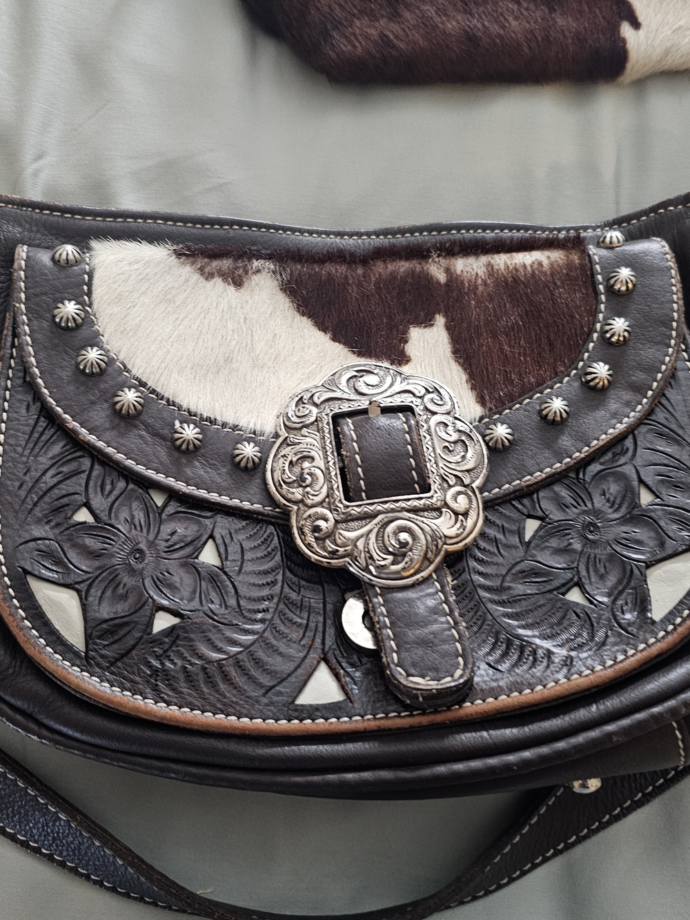 American West Brown Leather Crossbody with Cowhide Interior Print